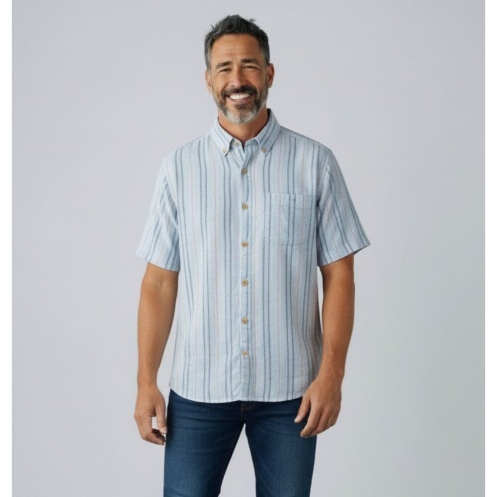 The Territory Ahead Button Up Blue Green Stripe Shirt L Tall Short Sleeve Cotton
